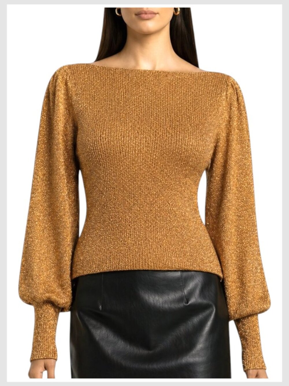Ann Taylor Metallic Puff Sleeve Sweater Brown Gold Boatneck S